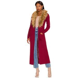 Show Me Your Mumu Lombardi Wine Red Faux Fur Collar Long Cardigan Sweater XS